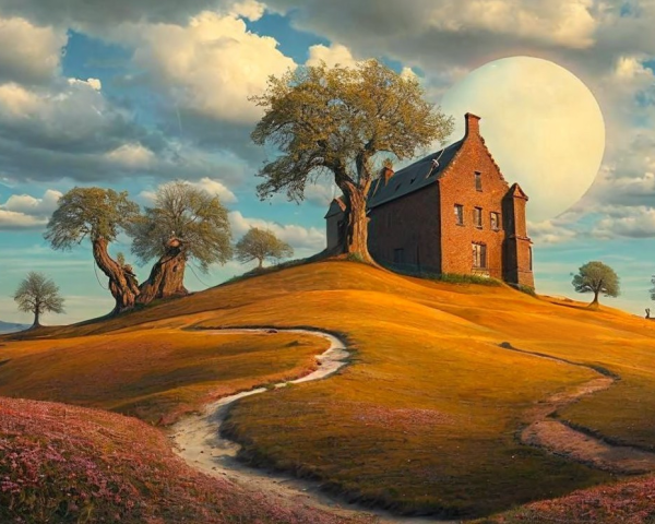 Rustic Brick House on Rolling Hill Under Glowing Moon
