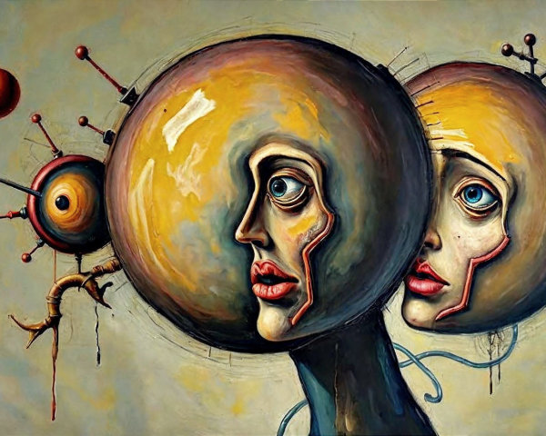 Surreal Painting with Two Distinct Faces and Features
