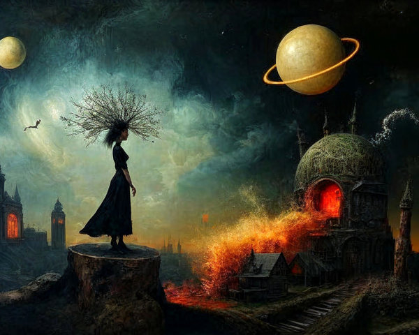 Surreal Landscape with Figure and Eerie Castle