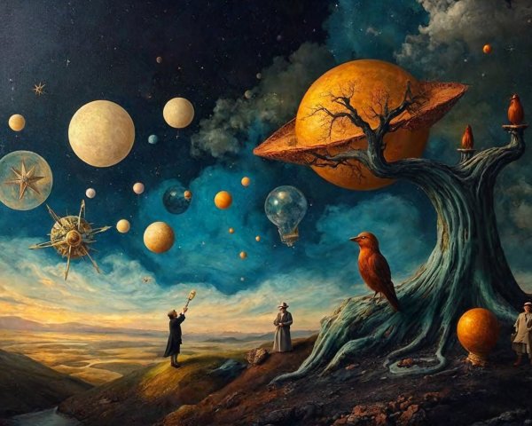 Surreal Cosmic Landscape with Vibrant Tree and Figures