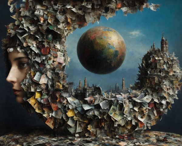 Collage Artwork of Woman's Face with Currency and Stamps