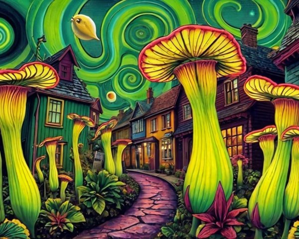 Whimsical Village Scene with Colorful Mushrooms and Skies