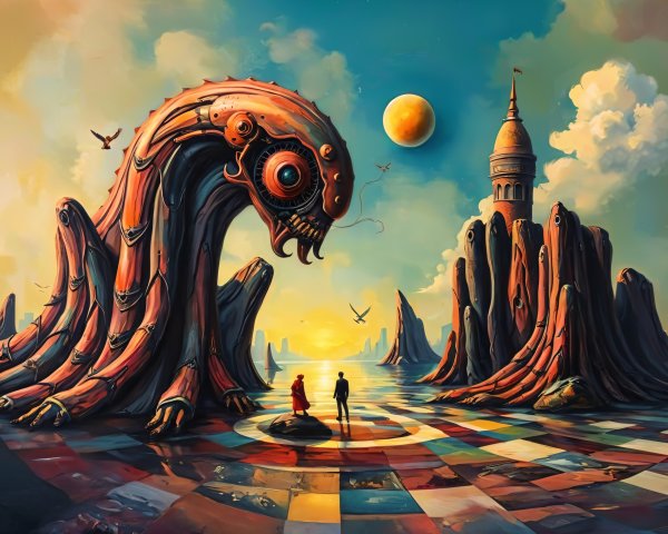 Surreal Landscape with Robotic Sea Creature and Figures
