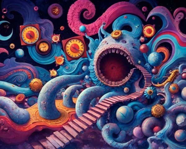 Surreal Scene with Abstract Shapes and Vibrant Colors