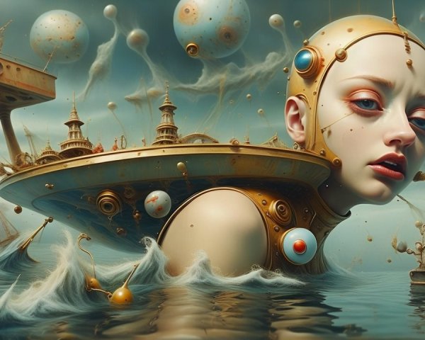 Surreal Futuristic Landscape with Humanoid Figure