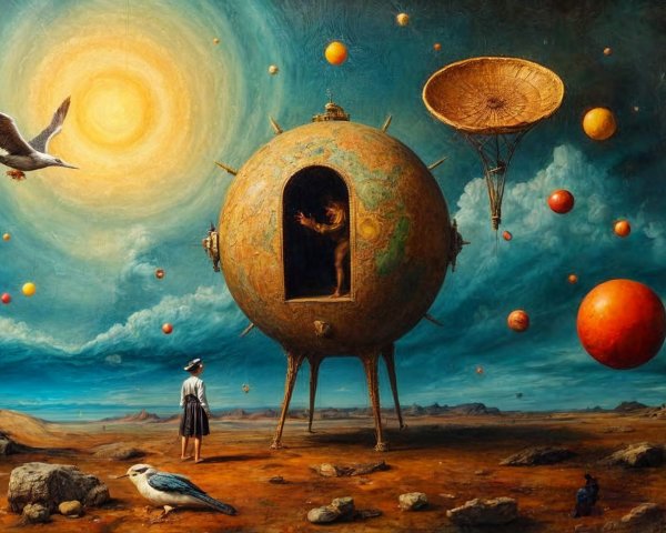 Whimsical landscape with globe structure and vibrant sky