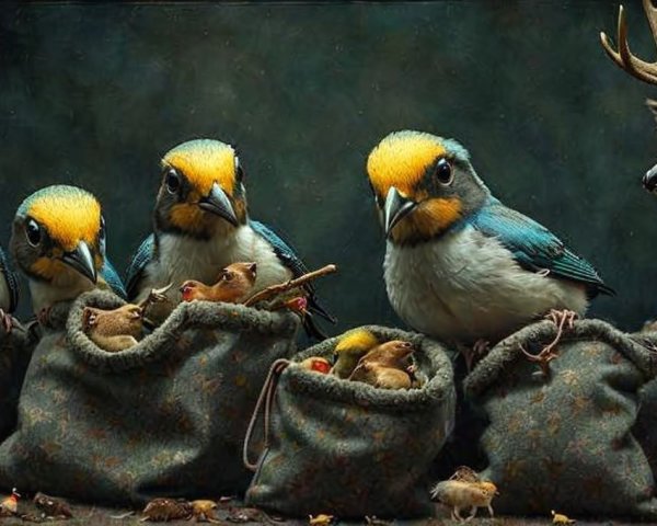 Vibrant Birds and Deer in a Whimsical Scene