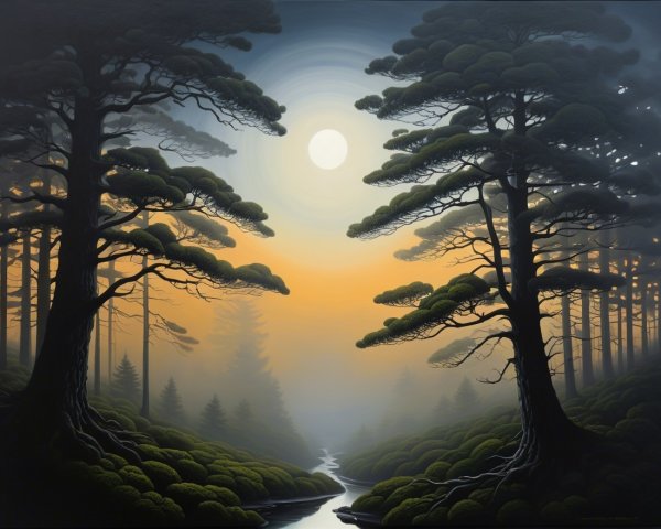 Serene Landscape with Moonlit Forest and Stream