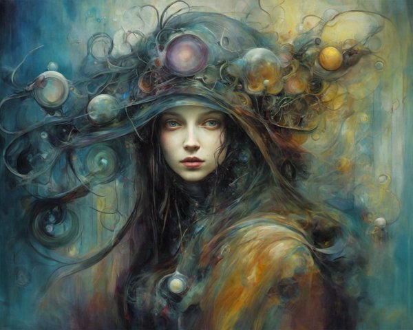 Mystical Portrait of a Woman with Cosmic Hairstyle