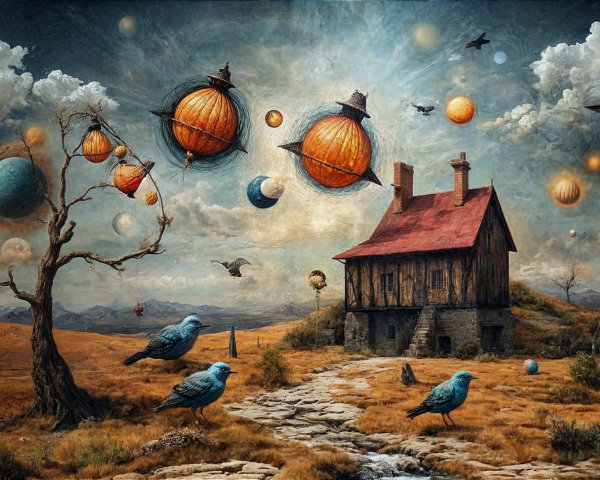Surreal Landscape with Quaint House and Vibrant Sky