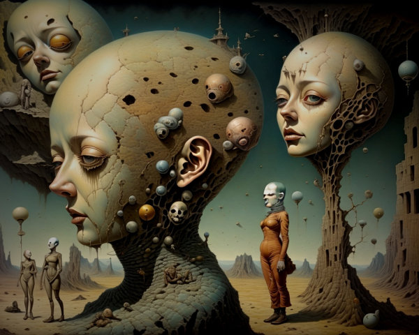 Surreal Humanoid Figures in a Barren Landscape
