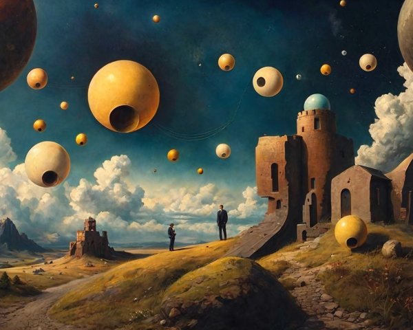 Surreal Landscape with Figures and Floating Orbs