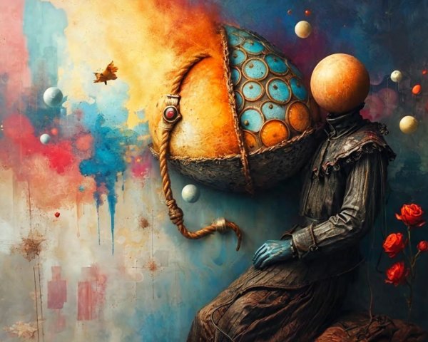 Surreal Figure with Spherical Head and Vibrant Backdrop