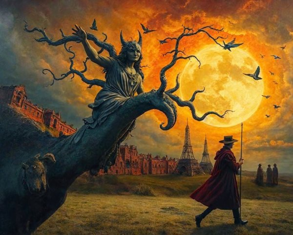 Mysterious Figure in Red Cloak in Surreal Landscape