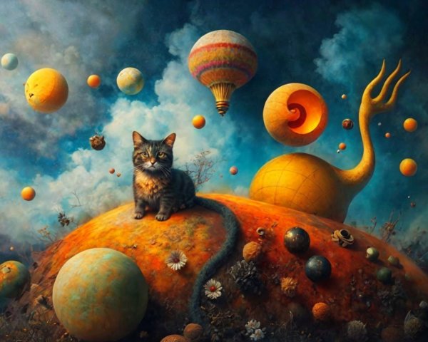 Surreal Landscape with Tabby Cat and Colorful Planets