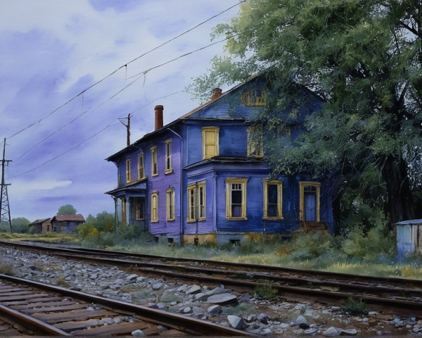 Old Blue House by Railway Track with Overgrown Greenery