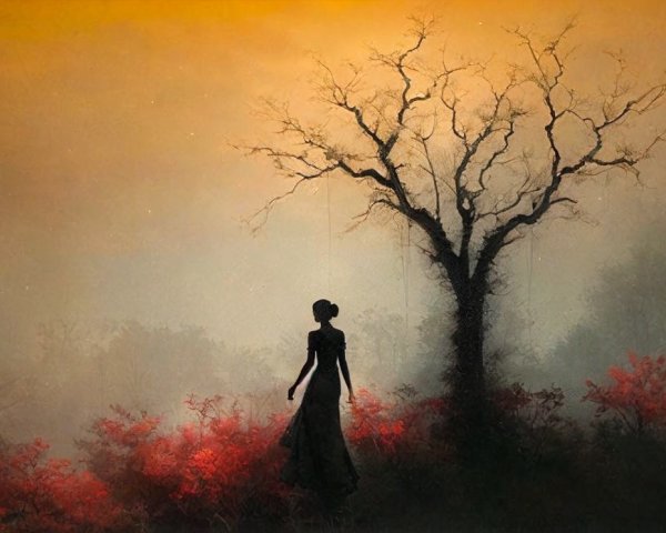 Solitary Figure in Black Dress Among Red Foliage