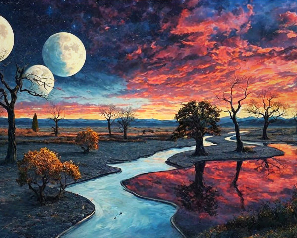 Surreal landscape with vibrant sky and moons
