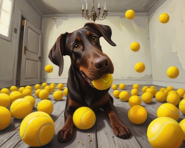 Playful Doberman Surrounded by Yellow Tennis Balls