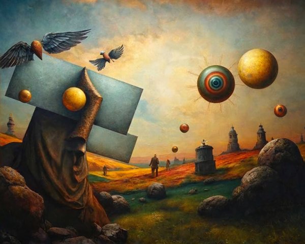 Surreal Landscape with Reflective Panel and Abstract Forms