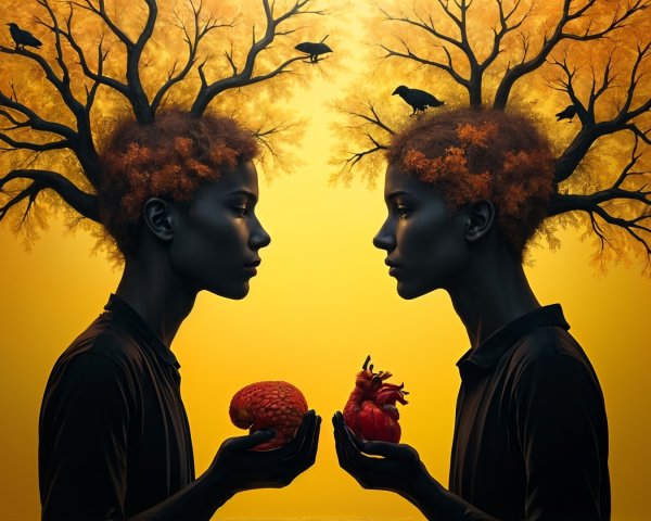 Silhouetted Figures with Tree Hairstyles and Symbols
