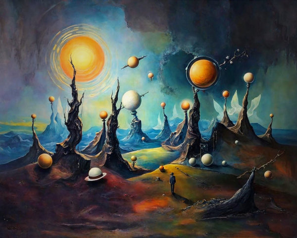 Surreal Landscape with Solitary Figure and Alien Sky