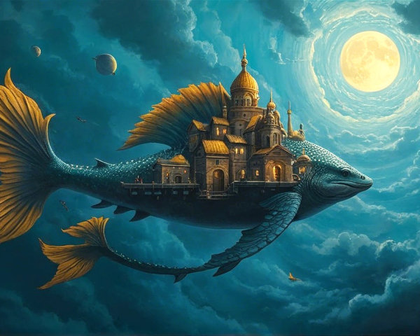 Majestic Fish with Castle in Night Sky Scene