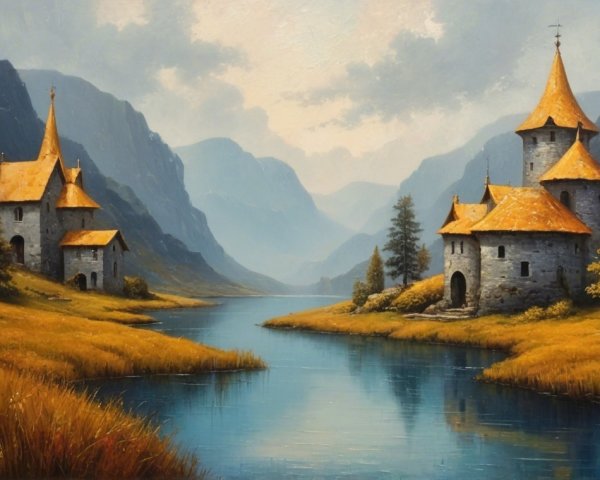 Serene Landscape with Stone Castles and Mountains