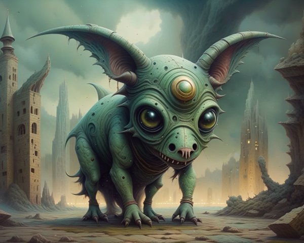 Surreal Creature in a Desolate Landscape with Structures