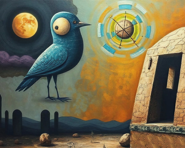 Surreal Landscape with Large Blue Bird and Moon