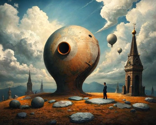 Surreal Landscape with Metal Structure and Gothic Tower