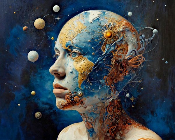 Surreal Artwork of Human Face with Cosmic Elements