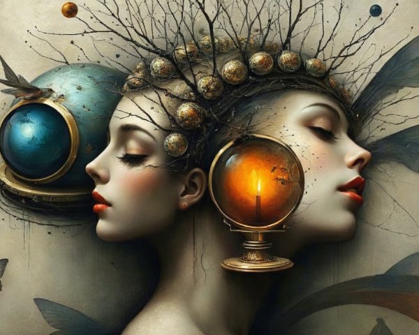 Intertwined Ethereal Female Faces with Celestial Elements