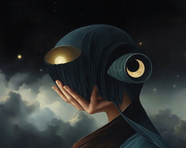 Mysterious Figure with Moon and Orb in Starry Sky