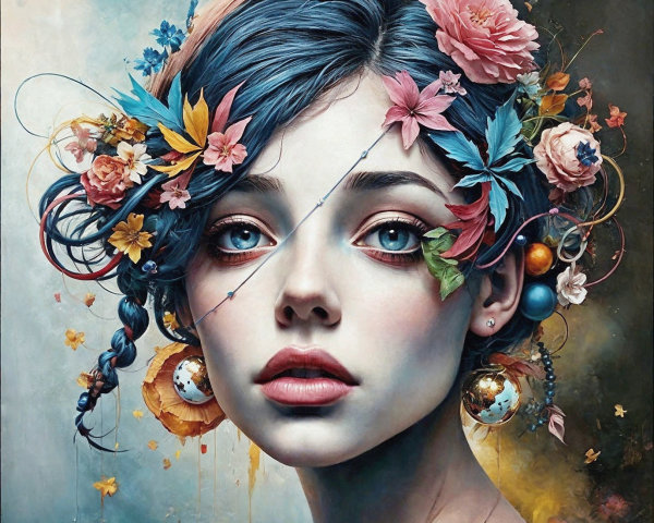 Surreal Close-Up of a Young Woman's Face and Flowers