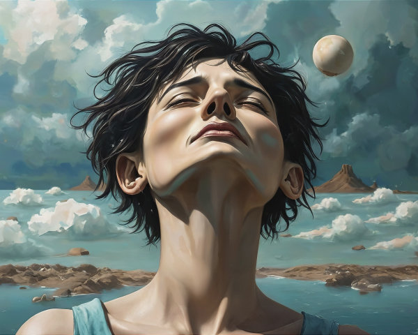 Young Woman in Serene Pose Against Dramatic Sky