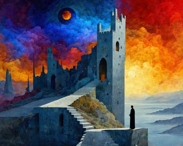 Mysterious castle ruins under a vibrant sky with clouds