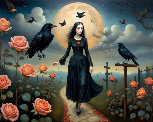 Moonlit Landscape with Woman and Gothic Elements