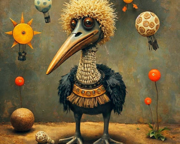 Whimsical Bird with Vibrant Beak in Playful Setting