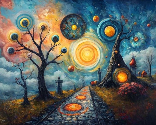 Surreal Landscape with Twisted Trees and Celestial Bodies