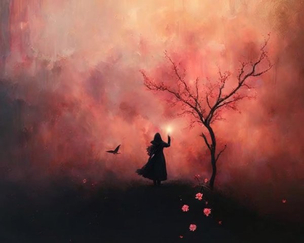 Silhouette in Flowing Coat Against Dreamlike Landscape