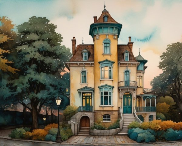 Whimsical House Surrounded by Lush Greenery at Dusk