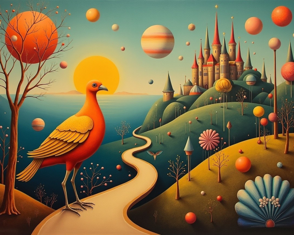 Whimsical Landscape with Orange Bird and Castle