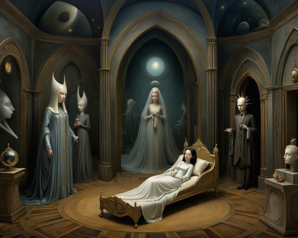 Surreal Chamber with Ethereal Beings and Architecture