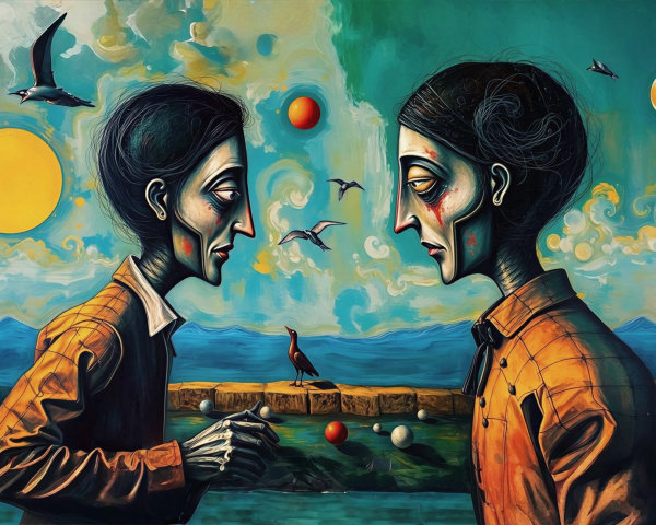 Surreal Painting of Elongated Figures with Vibrant Background