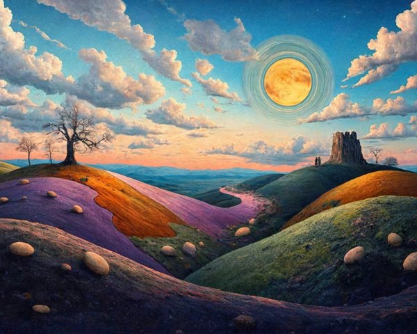 Vibrant Landscape with Rolling Hills and Luminous Moon