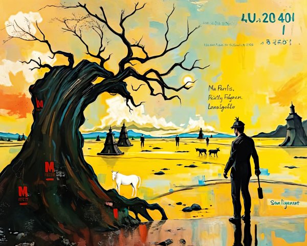 Surreal Landscape with Twisted Tree and Abstract Structures