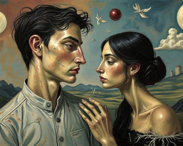 Surrealist Painting of a Man and Woman in Profile