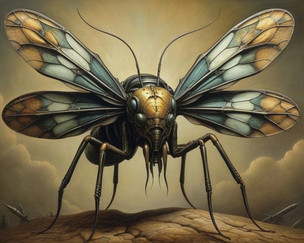 Intricate Mechanical Bee in Surreal Landscape