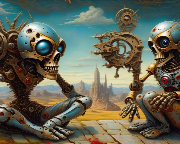 Futuristic Robots in a Surreal Desert Landscape